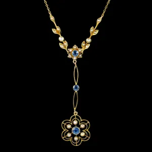 Antique Edwardian Sapphire Pearl Lavaliere Necklace 15ct Gold Boxed Edward And Sons Circa 1915