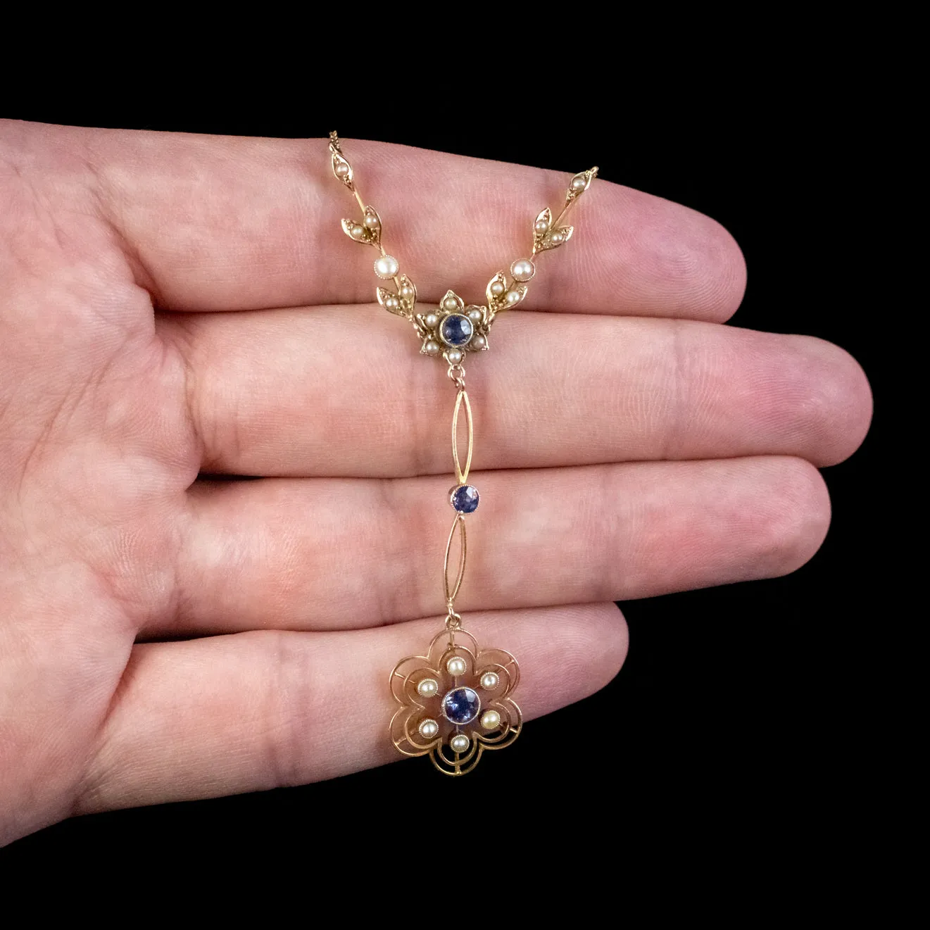 Antique Edwardian Sapphire Pearl Lavaliere Necklace 15ct Gold Boxed Edward And Sons Circa 1915