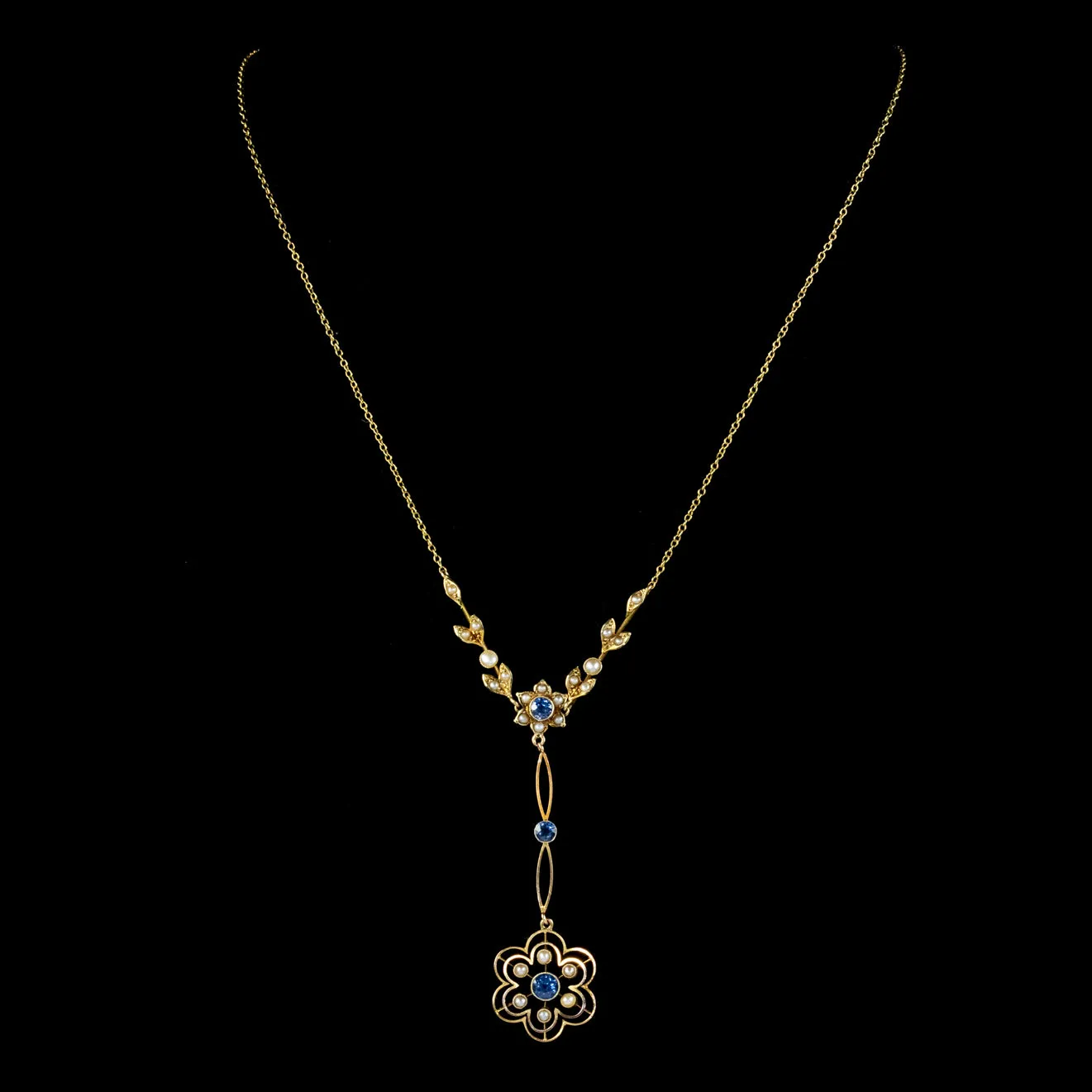 Antique Edwardian Sapphire Pearl Lavaliere Necklace 15ct Gold Boxed Edward And Sons Circa 1915