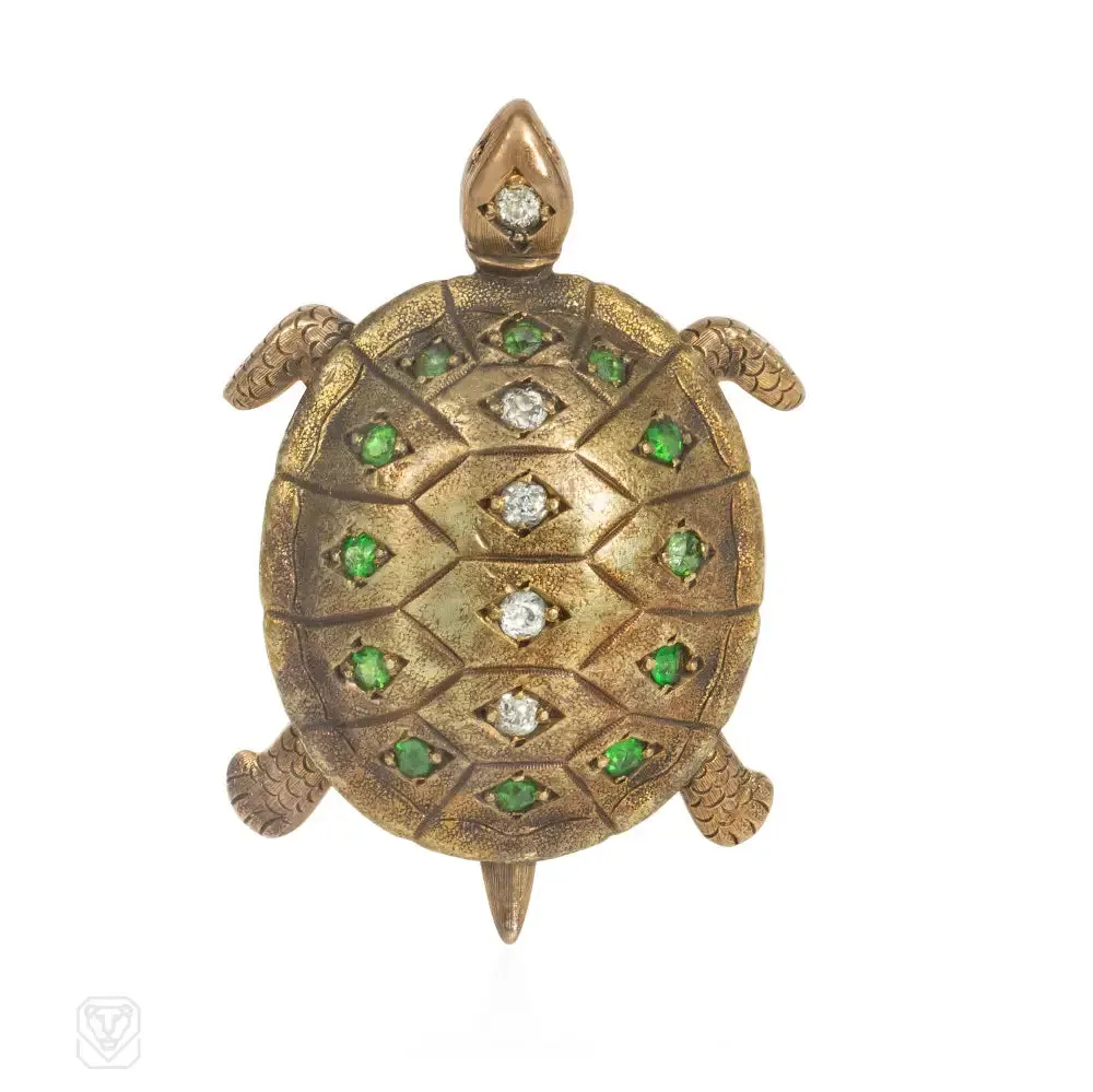 Antique gold and demantoid garnet turtle brooch