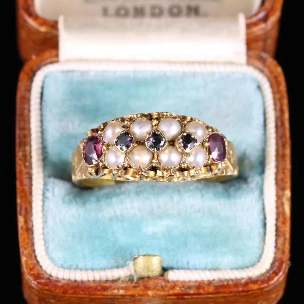 Antique Victorian Garnet Pearl Ring Dated 1881