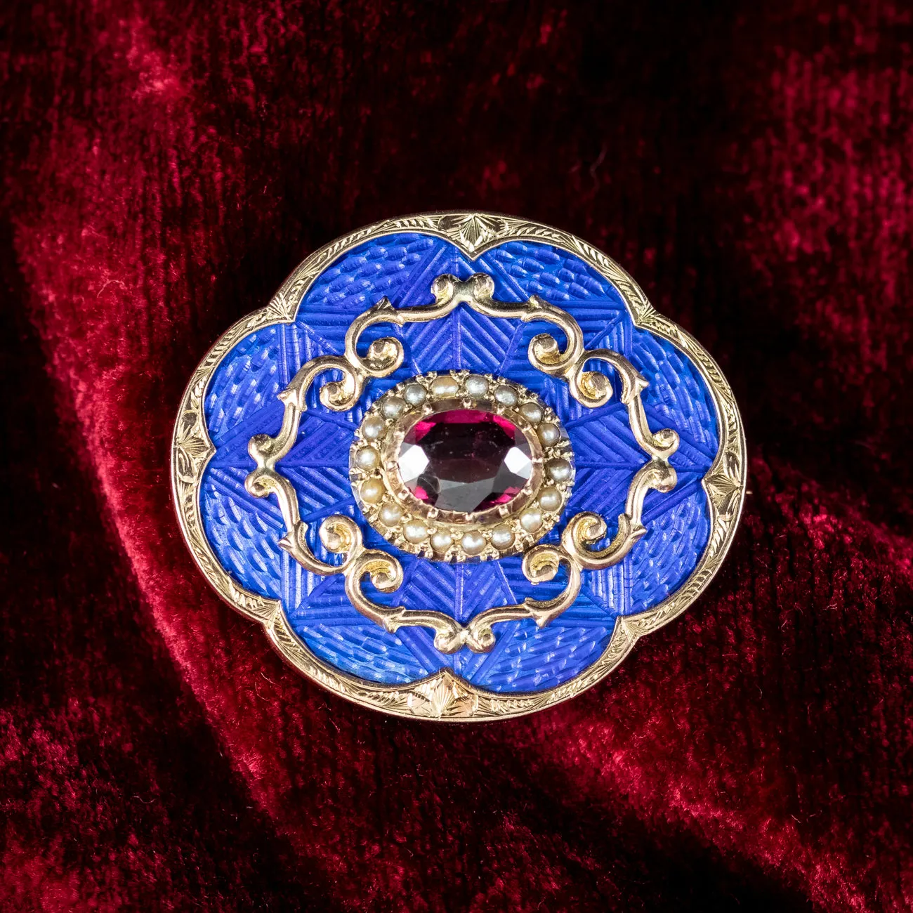 Antique Victorian Guilloche Enamel Garnet Pearl Locket Brooch 9ct Gold