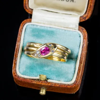 Antique Victorian Ruby Diamond Snake Ring Circa 1900