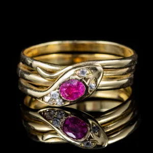 Antique Victorian Ruby Diamond Snake Ring Circa 1900