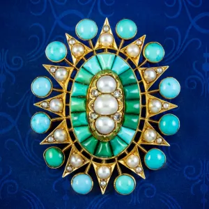 Antique Victorian Turquoise Pearl Diamond Star Pendant 18ct Gold