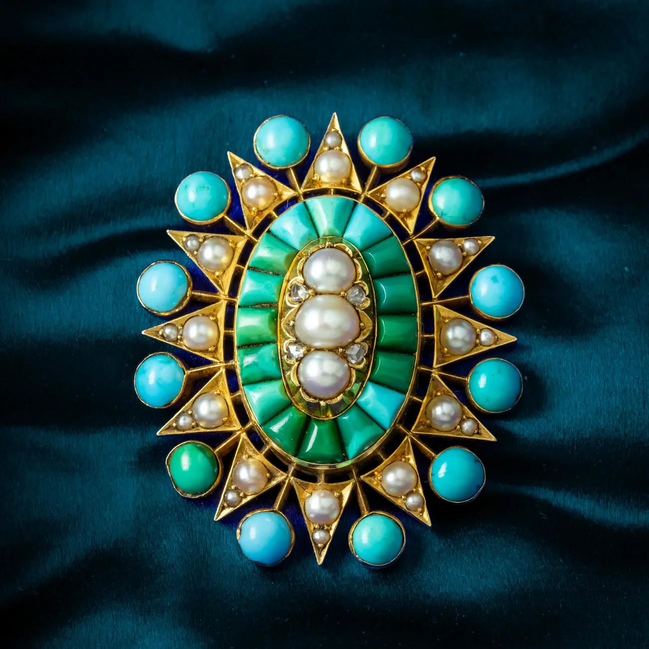 Antique Victorian Turquoise Pearl Diamond Star Pendant 18ct Gold