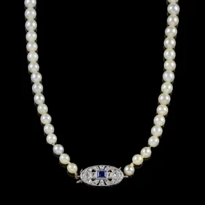 Art Deco Pearl Necklace Sapphire Diamond Platinum Clasp Circa 1930