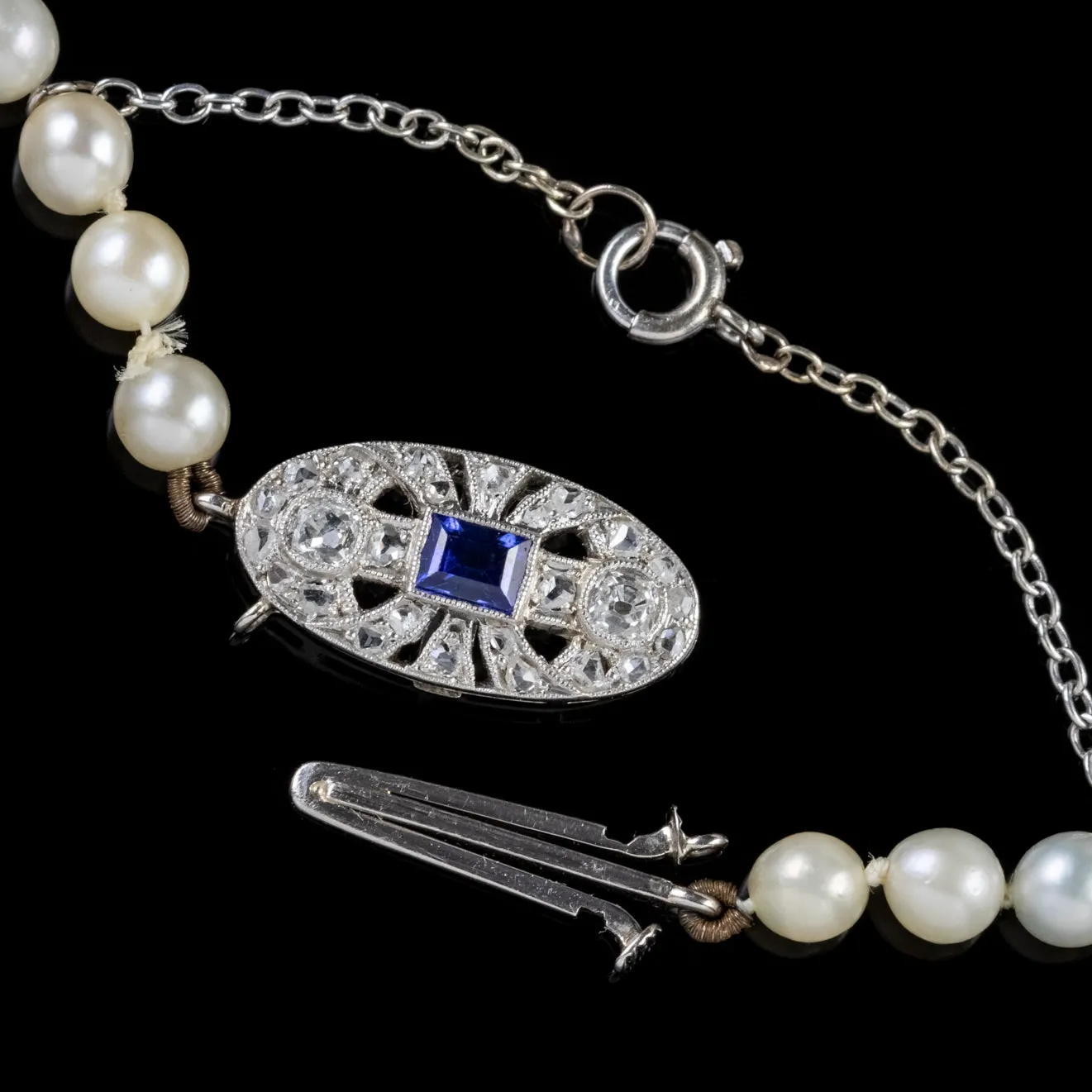 Art Deco Pearl Necklace Sapphire Diamond Platinum Clasp Circa 1930