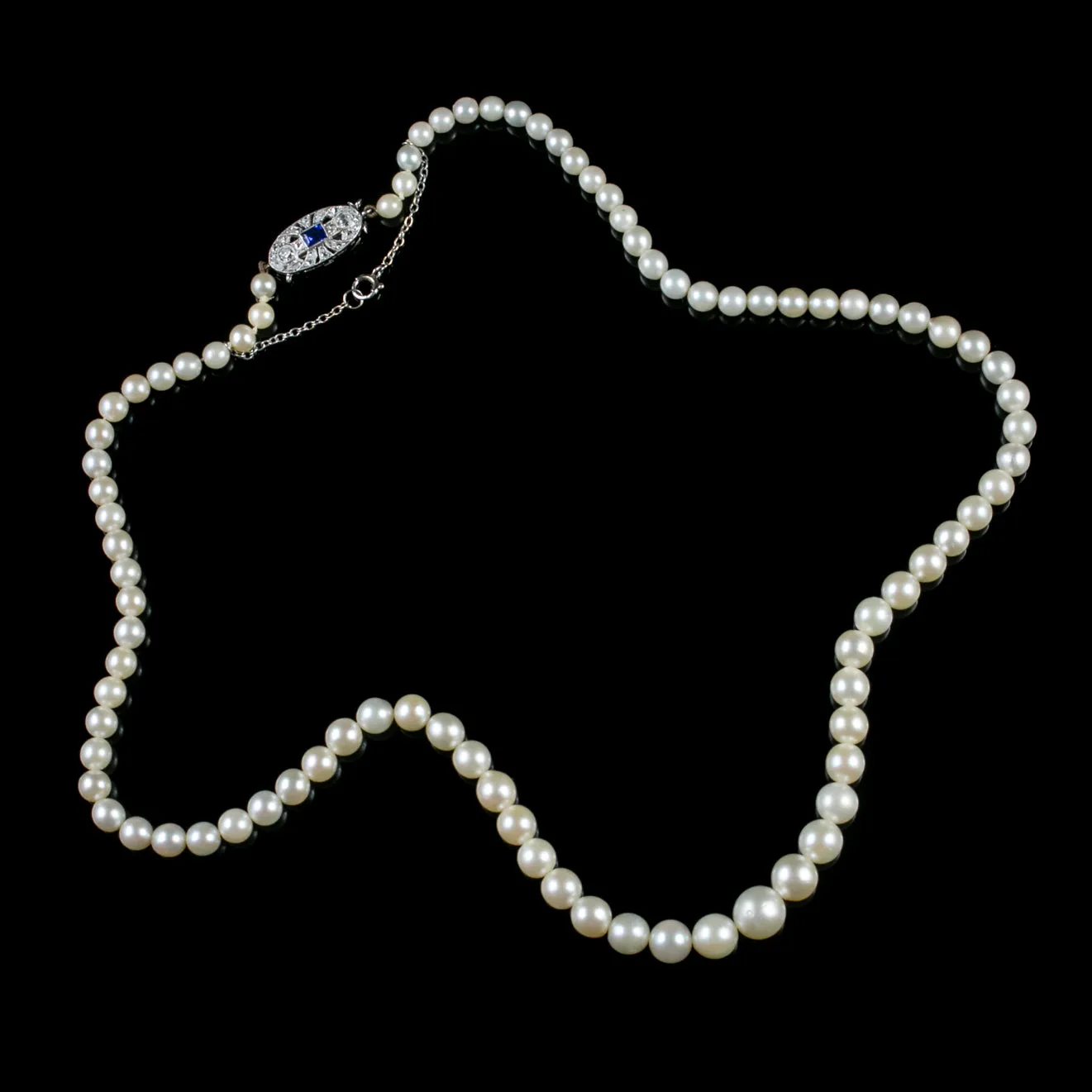 Art Deco Pearl Necklace Sapphire Diamond Platinum Clasp Circa 1930