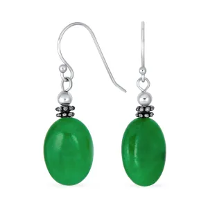 Bali White MOP Green Jade Oval Gemstone Drop Earrings Sterling Silver