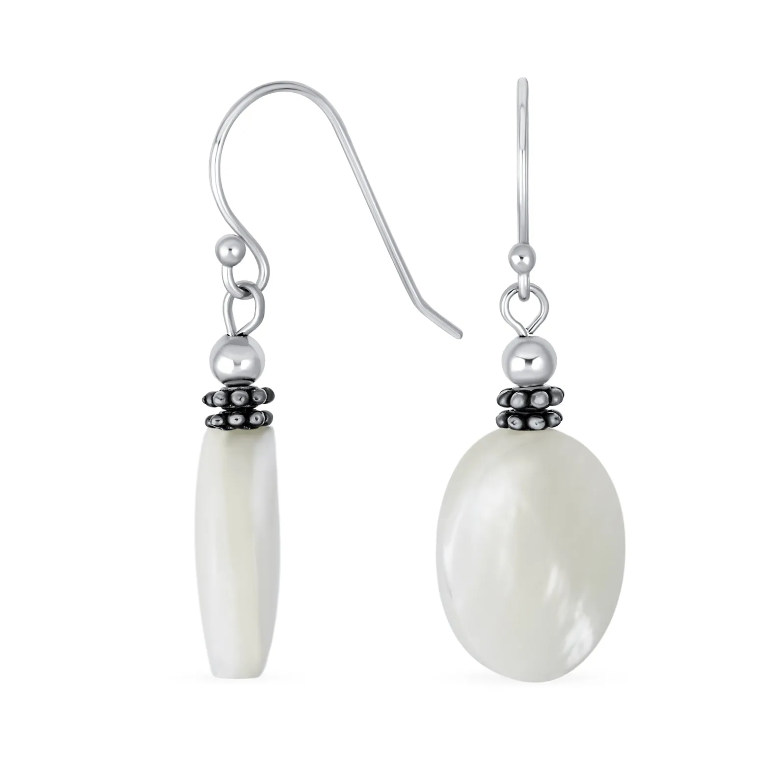 Bali White MOP Green Jade Oval Gemstone Drop Earrings Sterling Silver