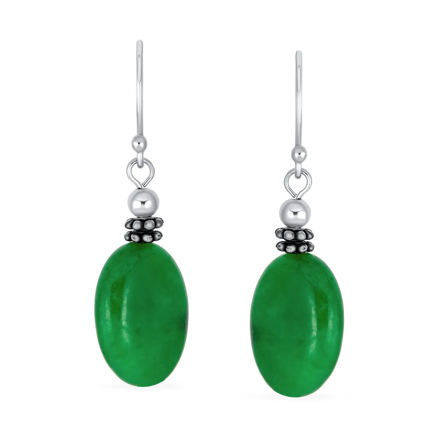 Bali White MOP Green Jade Oval Gemstone Drop Earrings Sterling Silver