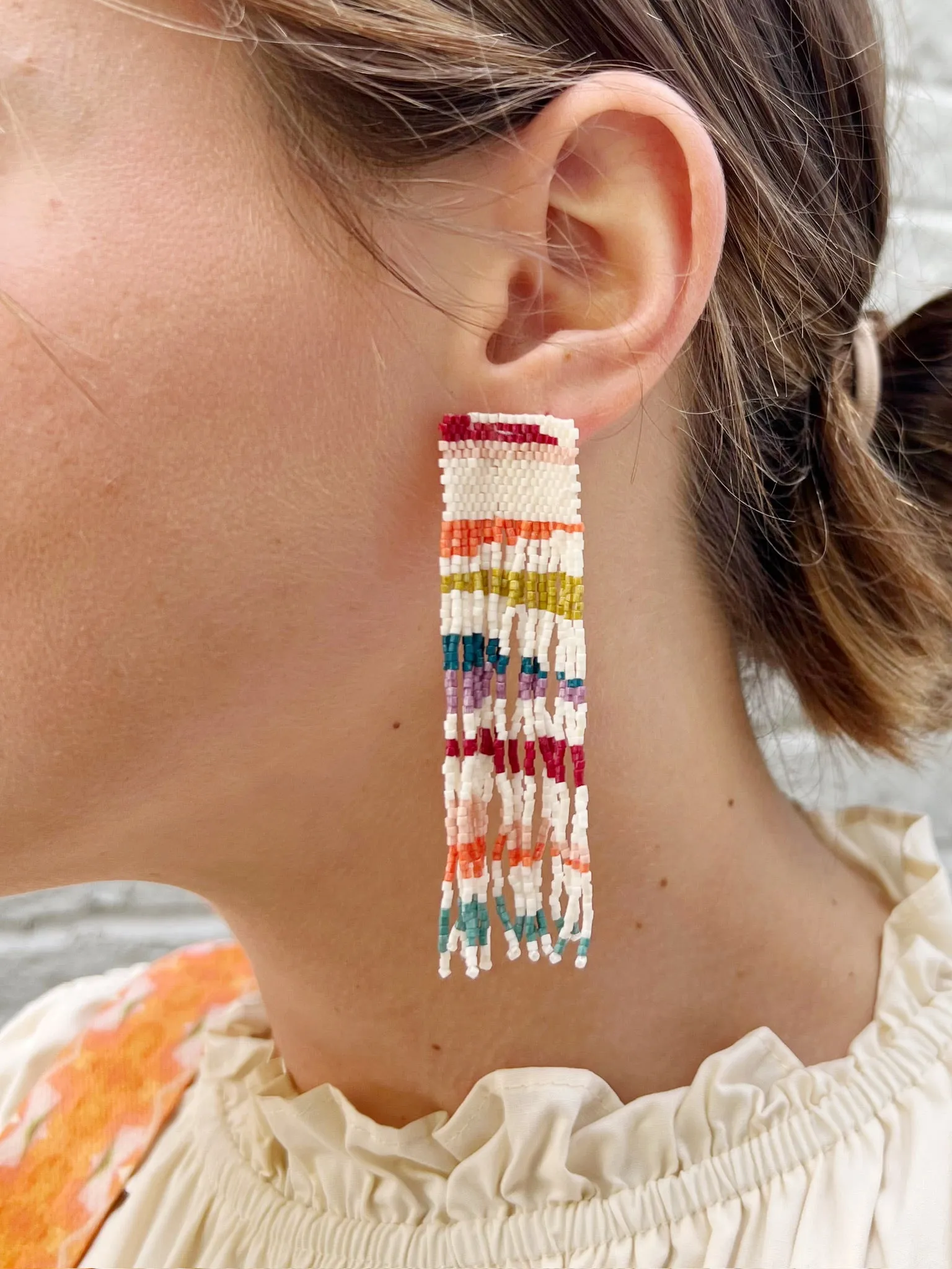 Belle Angled Stripes Beaded Fringe Earrings Rainbow