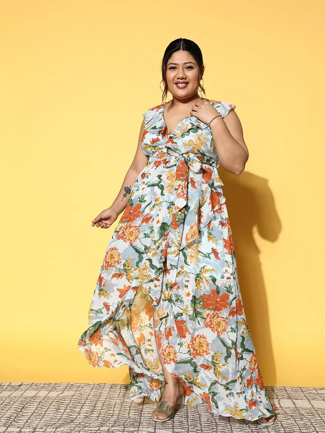 Berrylush Women Plus Size Blue & Coral Orange Floral Printed V-Neck Georgette High-Low Hem Ruffled Fit & Flare Maxi Dress