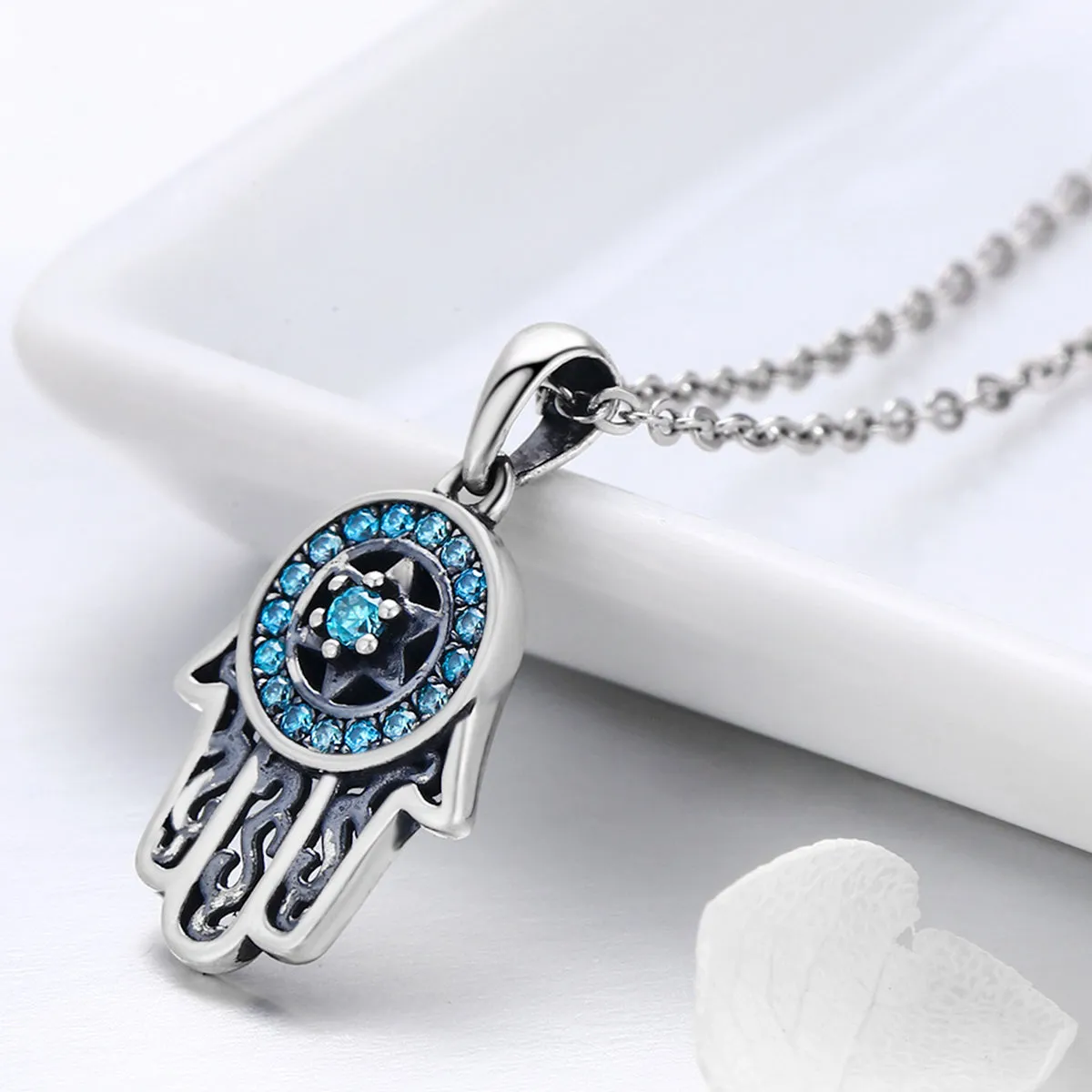 Blue Crystal Star of David Hamsa Hand Pendant Necklace Sterling Silver