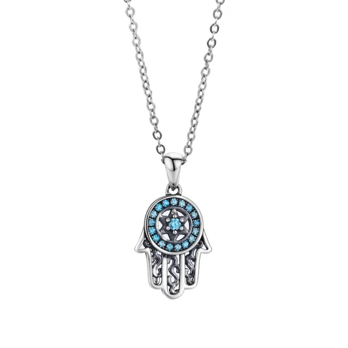 Blue Crystal Star of David Hamsa Hand Pendant Necklace Sterling Silver