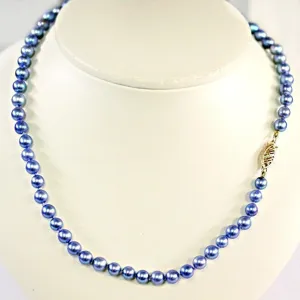 Blue Japanese Akoya Pearl Necklace 14K Gold Clasp