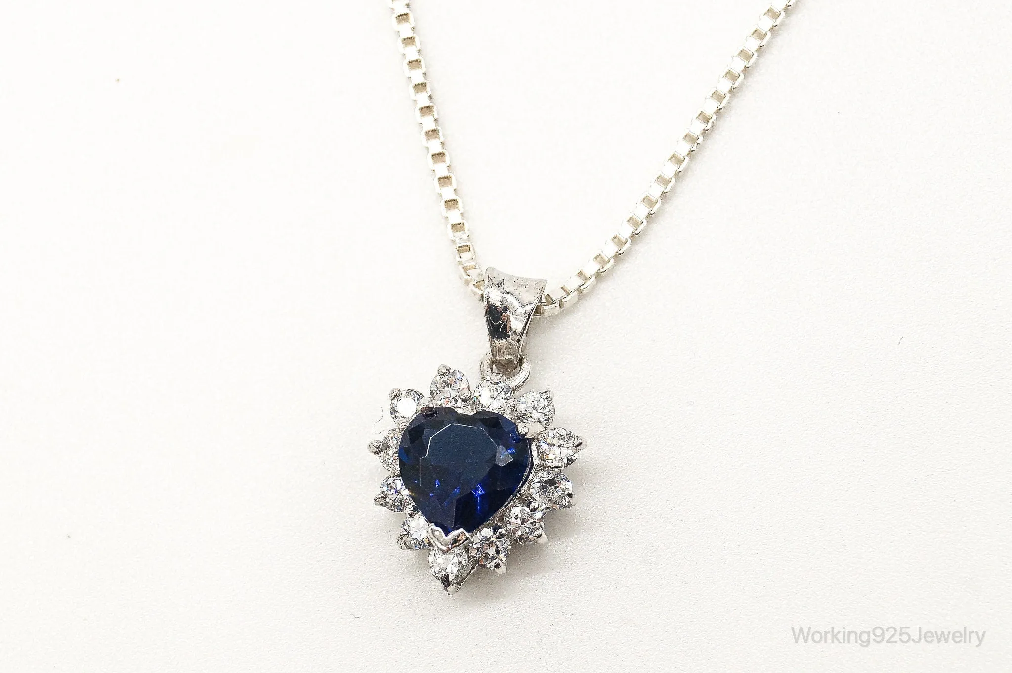 Blue Lab Sapphire Cubic Zirconia Heart Sterling Silver Necklace