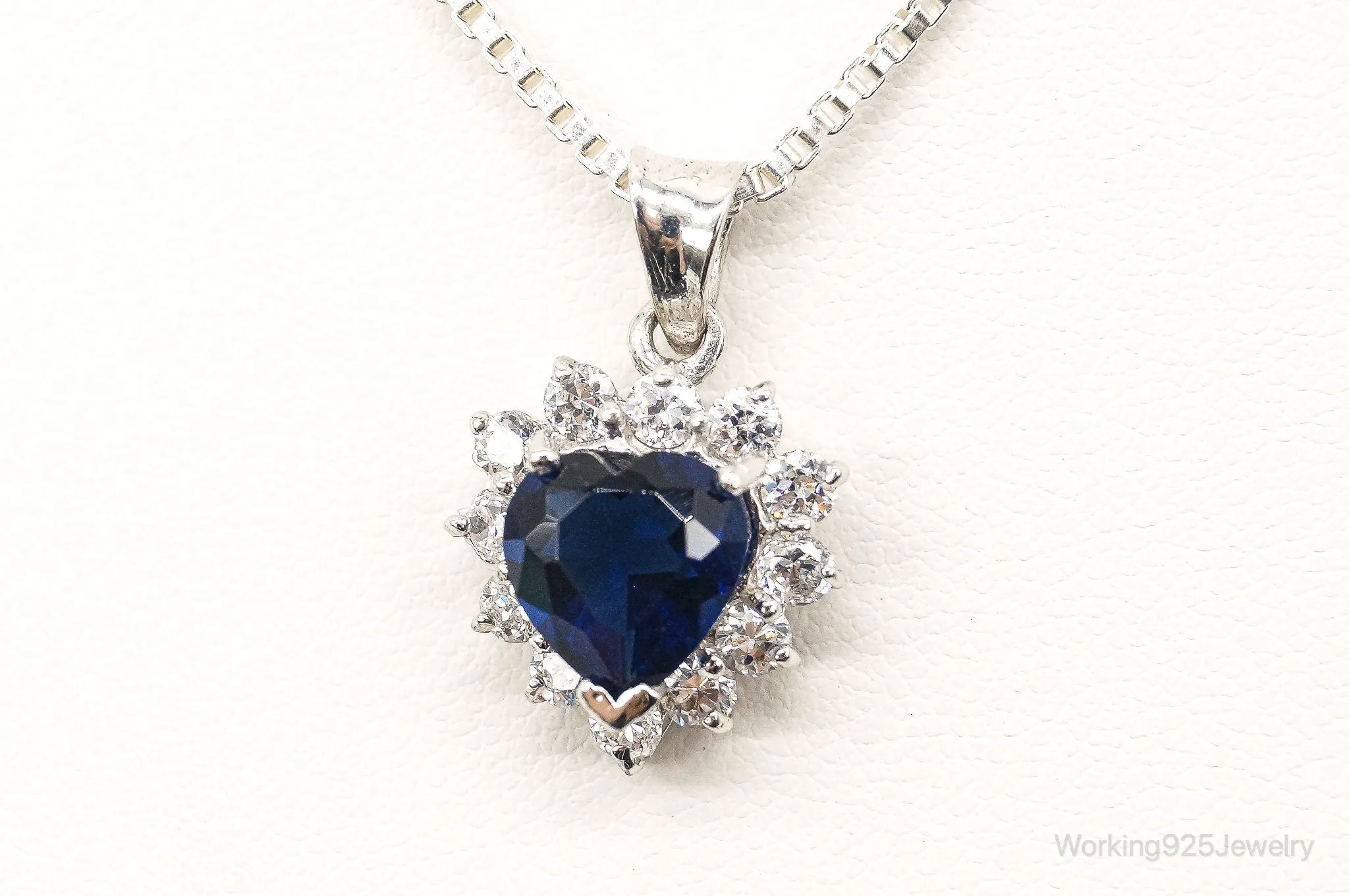 Blue Lab Sapphire Cubic Zirconia Heart Sterling Silver Necklace