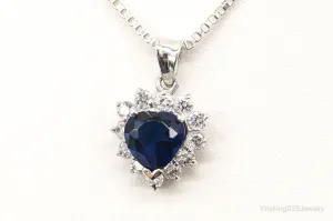 Blue Lab Sapphire Cubic Zirconia Heart Sterling Silver Necklace