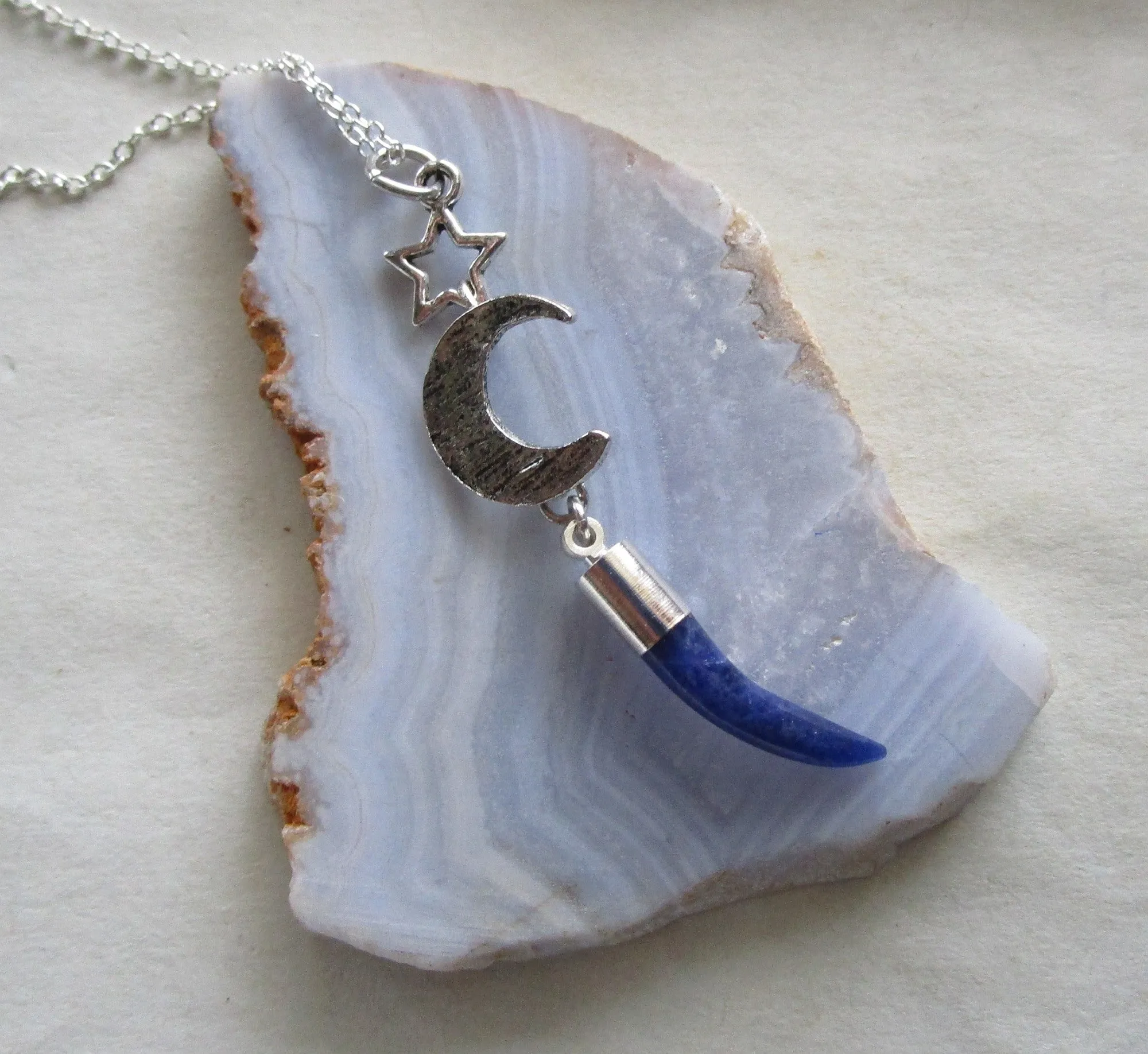 Blue Sodalite Gemstone Horn Silver Moon Star Pendant Necklace