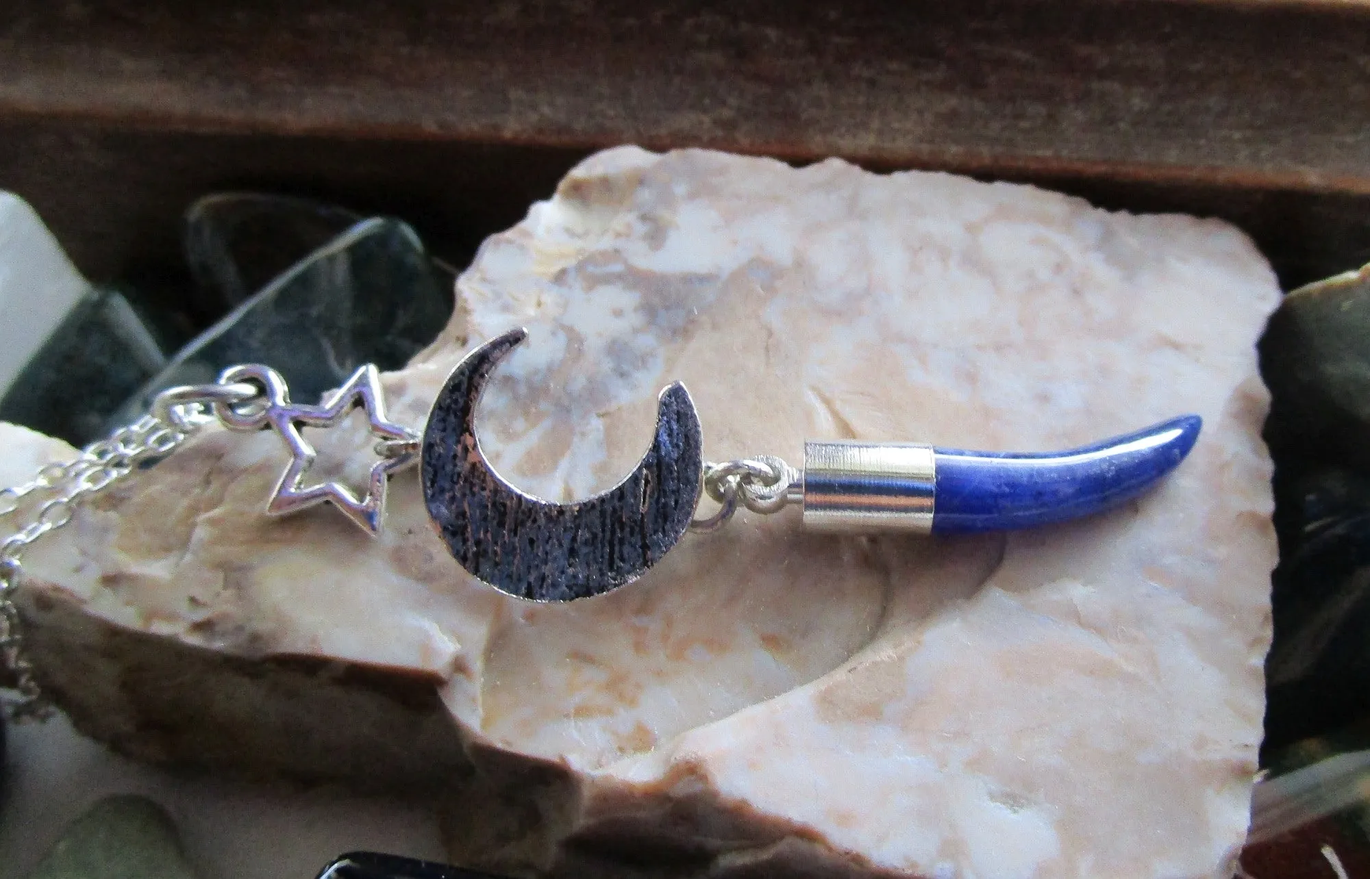 Blue Sodalite Gemstone Horn Silver Moon Star Pendant Necklace