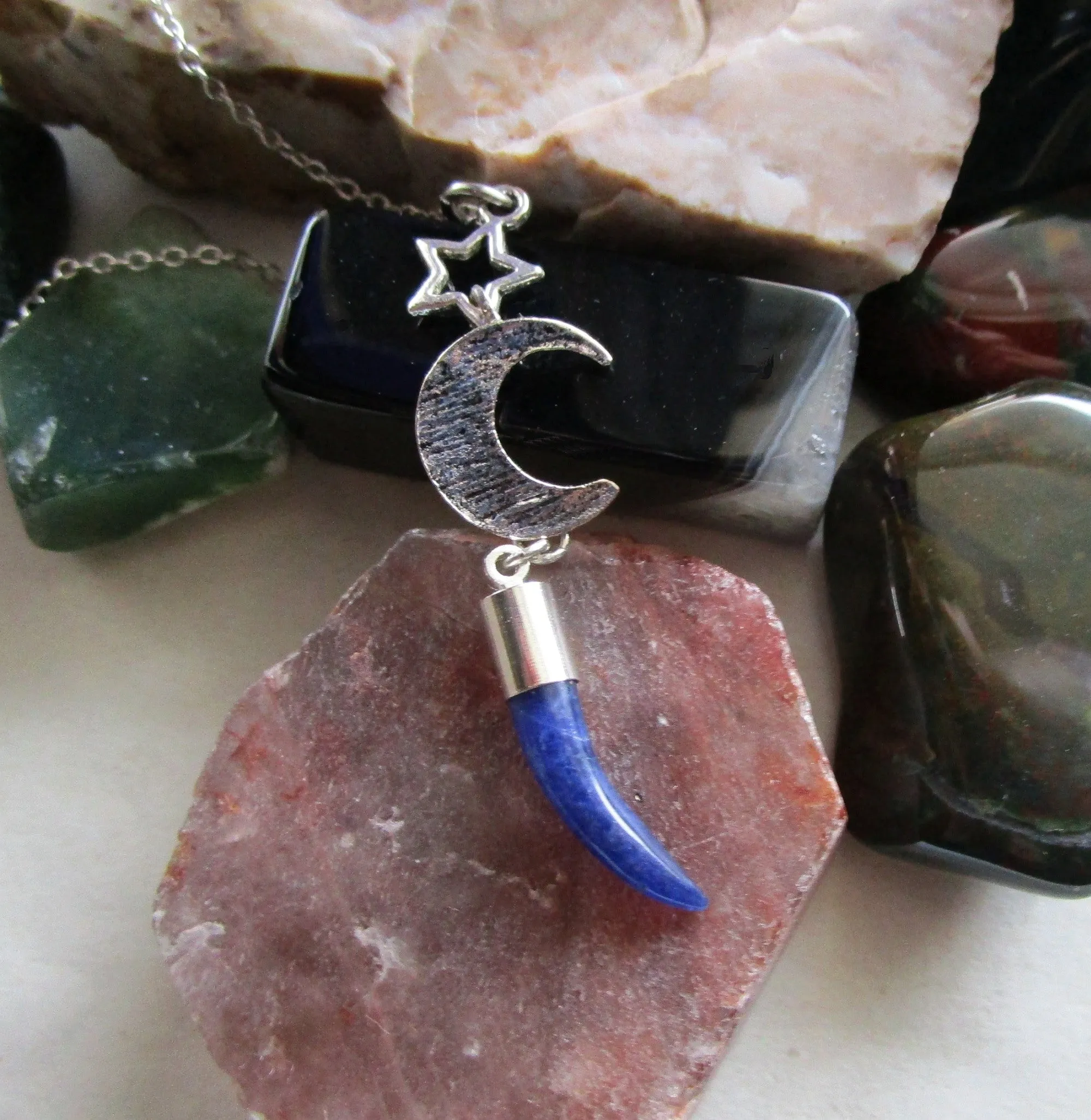 Blue Sodalite Gemstone Horn Silver Moon Star Pendant Necklace