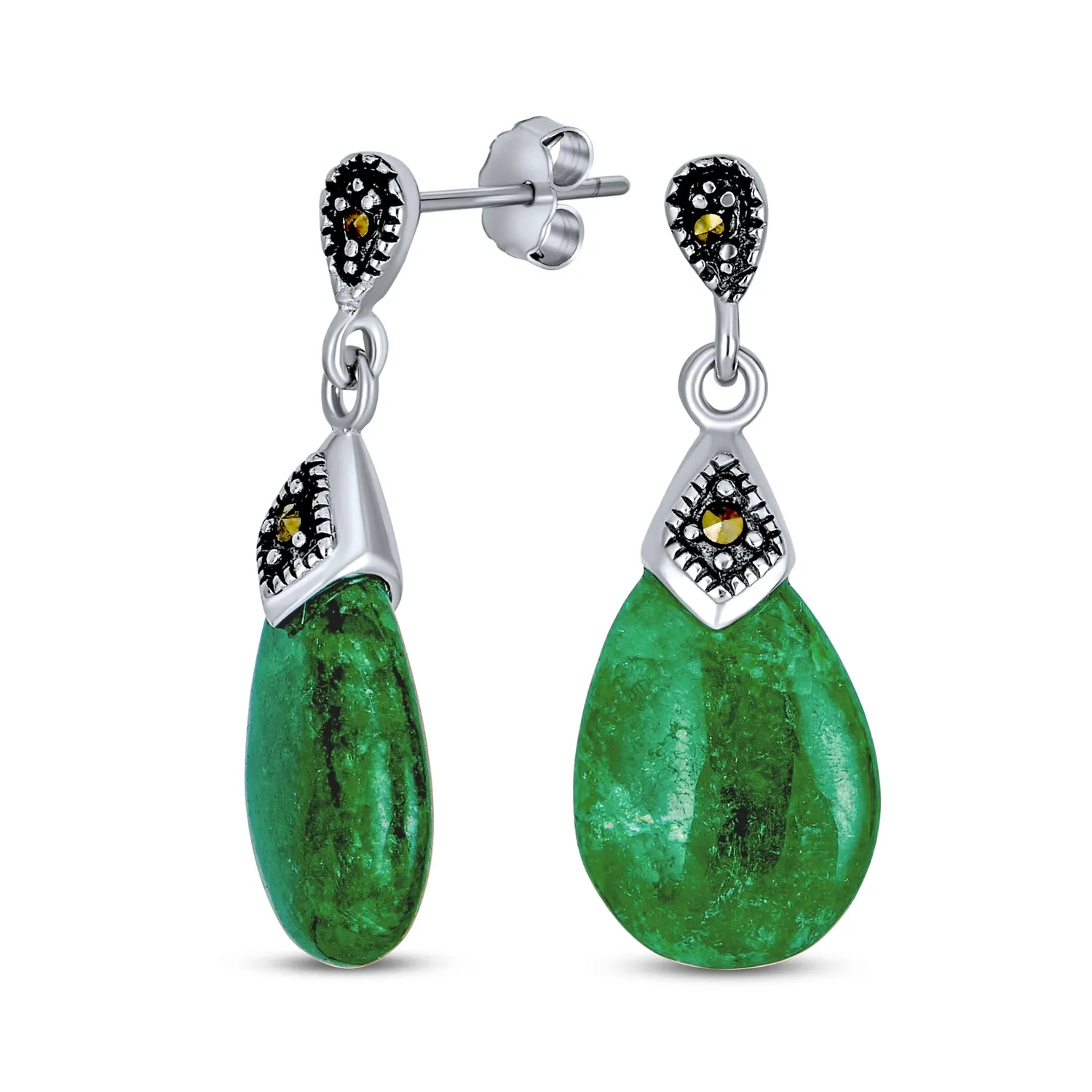 Boho Bali Dangle Gemstone Earrings Green Jade & Marcasite in Sterling Silver