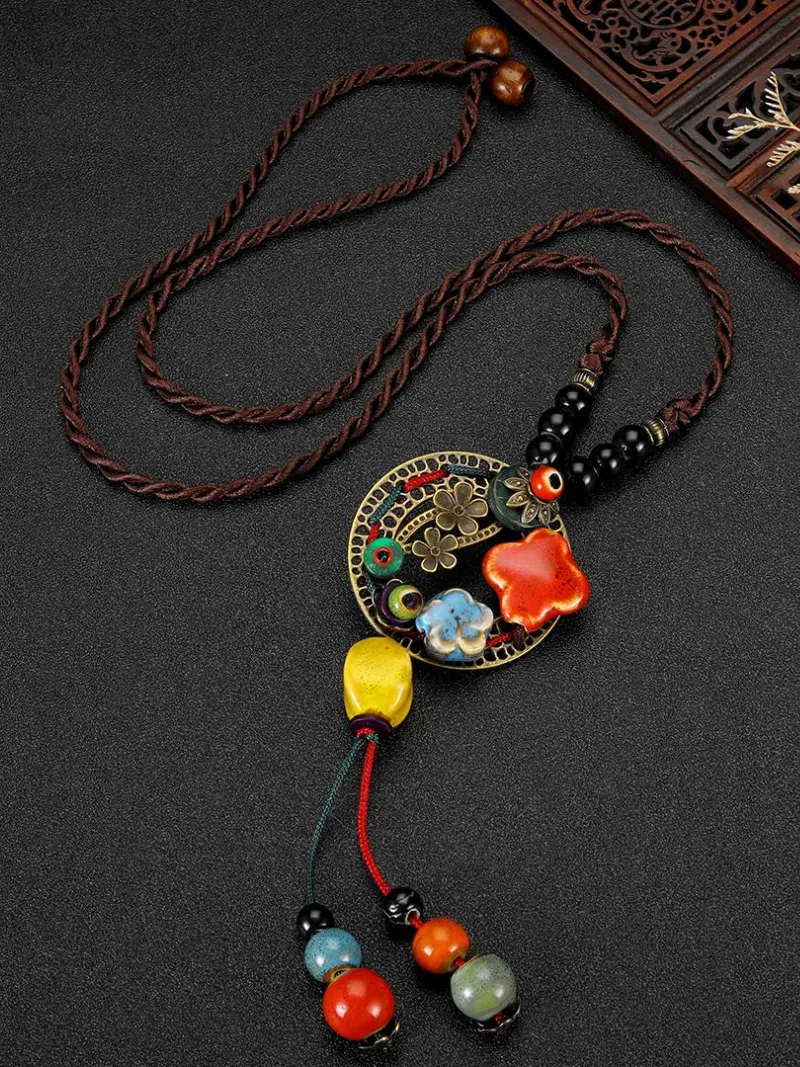 Chinese Aesthetic Ethnic Style Chain Women's Retro Hand-woven Chinese Style Ceramic Necklace Pendant