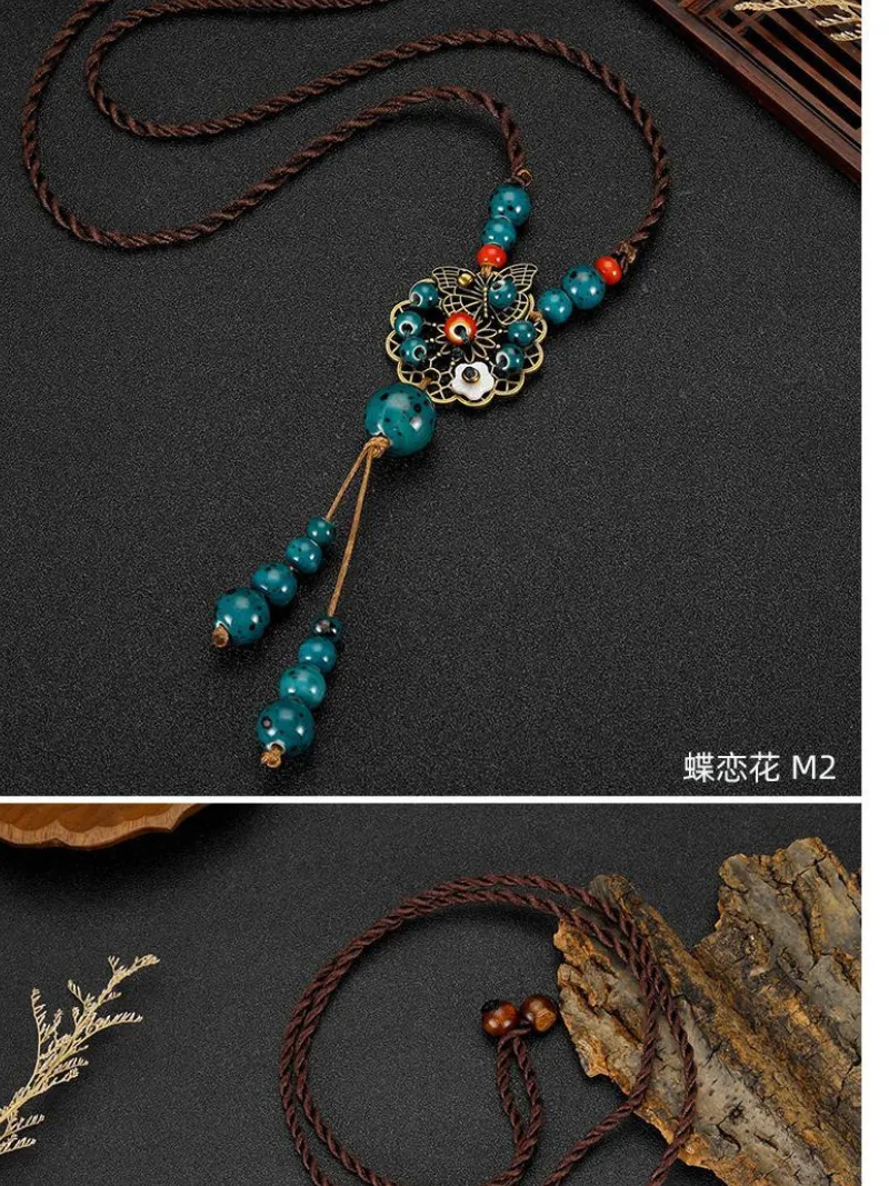 Chinese Aesthetic Ethnic Style Chain Women's Retro Hand-woven Chinese Style Ceramic Necklace Pendant