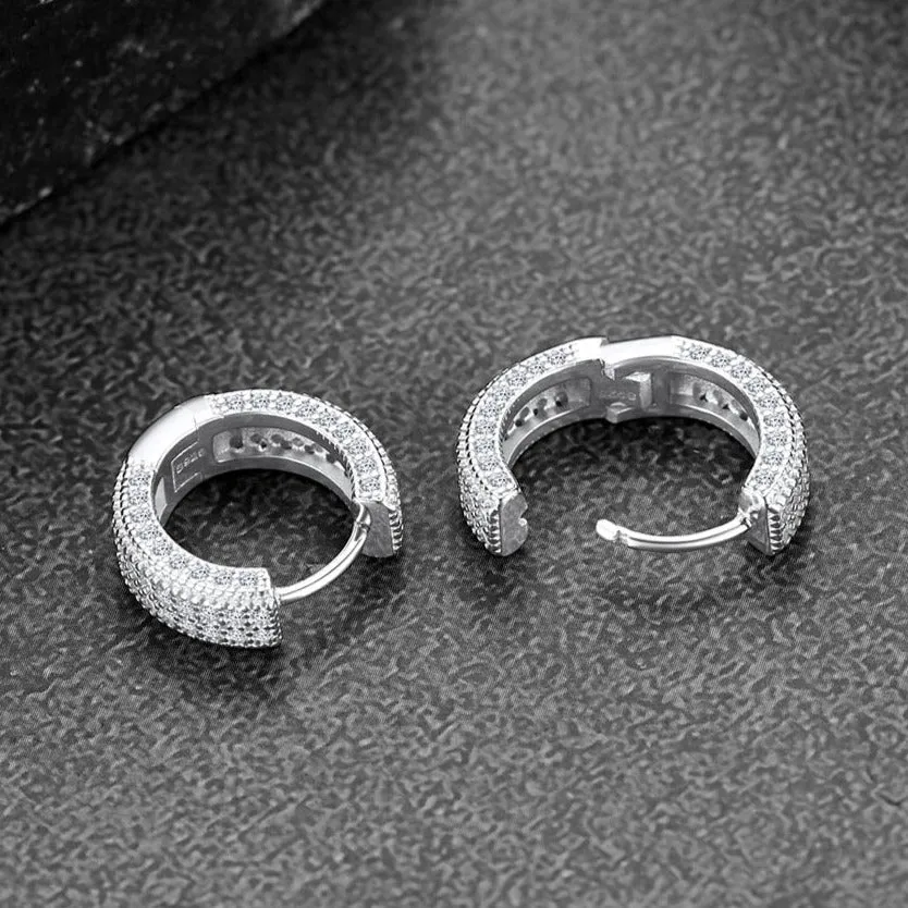 Chunky CZ Hoop Huggie Earrings Piercing for Men in Sterling Silver