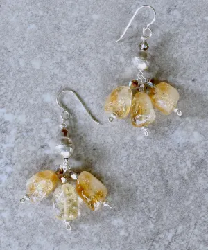 Citrine Nugget 3-Stone Clusters with Fire Polished Glass and Sterling Silver Beads and Earring Wires