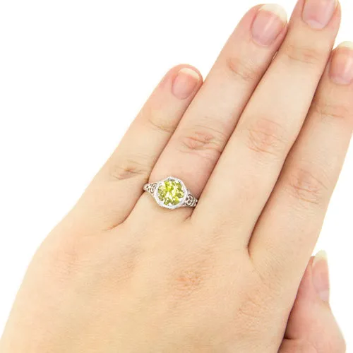 CITRINE STERLING SILVER VINTAGE STYLE SOLITAIRE RING ART DECO FILIGREE YELLOW