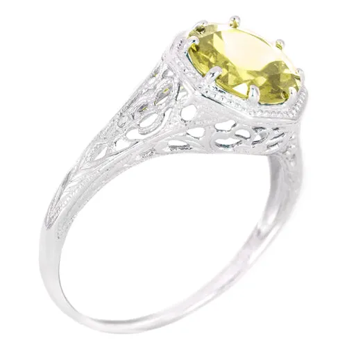 CITRINE STERLING SILVER VINTAGE STYLE SOLITAIRE RING ART DECO FILIGREE YELLOW