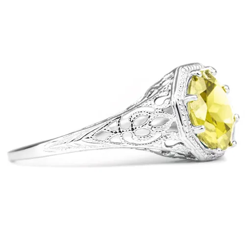 CITRINE STERLING SILVER VINTAGE STYLE SOLITAIRE RING ART DECO FILIGREE YELLOW