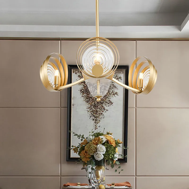 Contemporary Gold Crystal Pendant Chandelier with Swirling Design - 3-Head - Ideal for Living Room