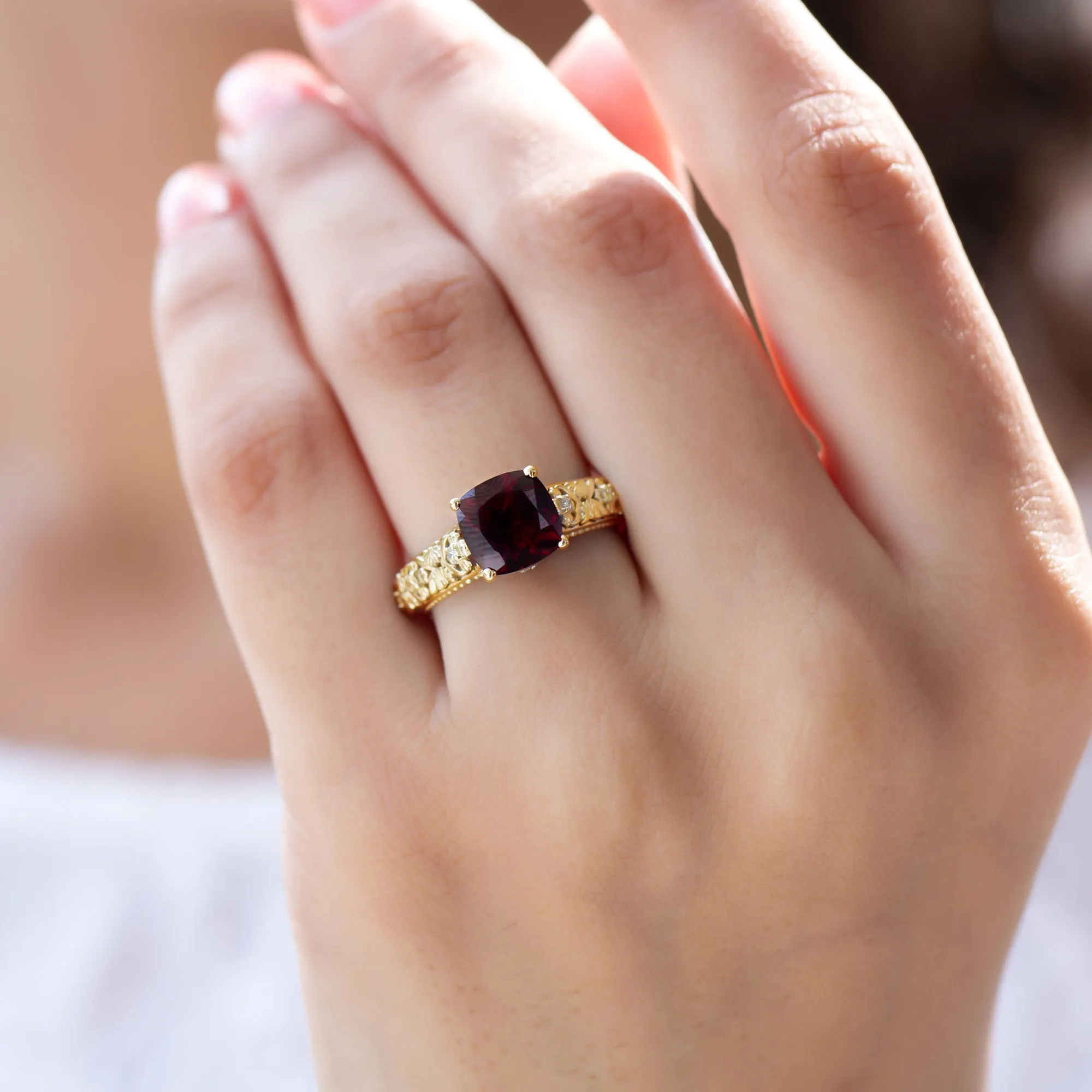 Cushion Cut Garnet Engagement Ring with Diamond