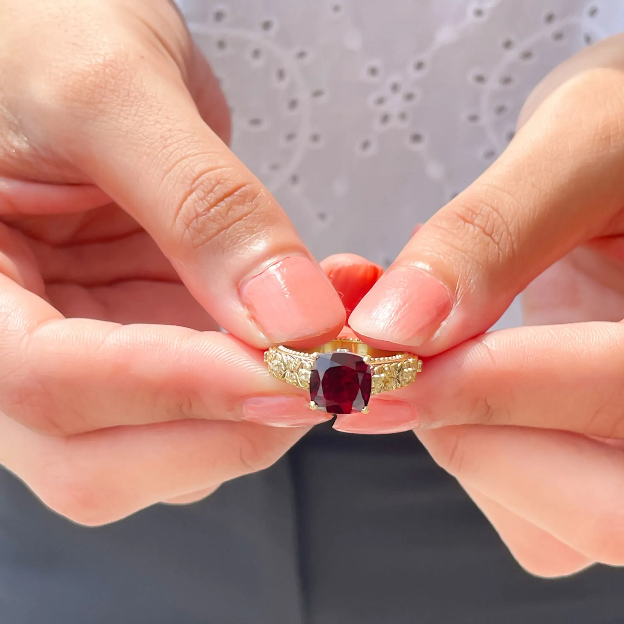 Cushion Cut Garnet Engagement Ring with Diamond