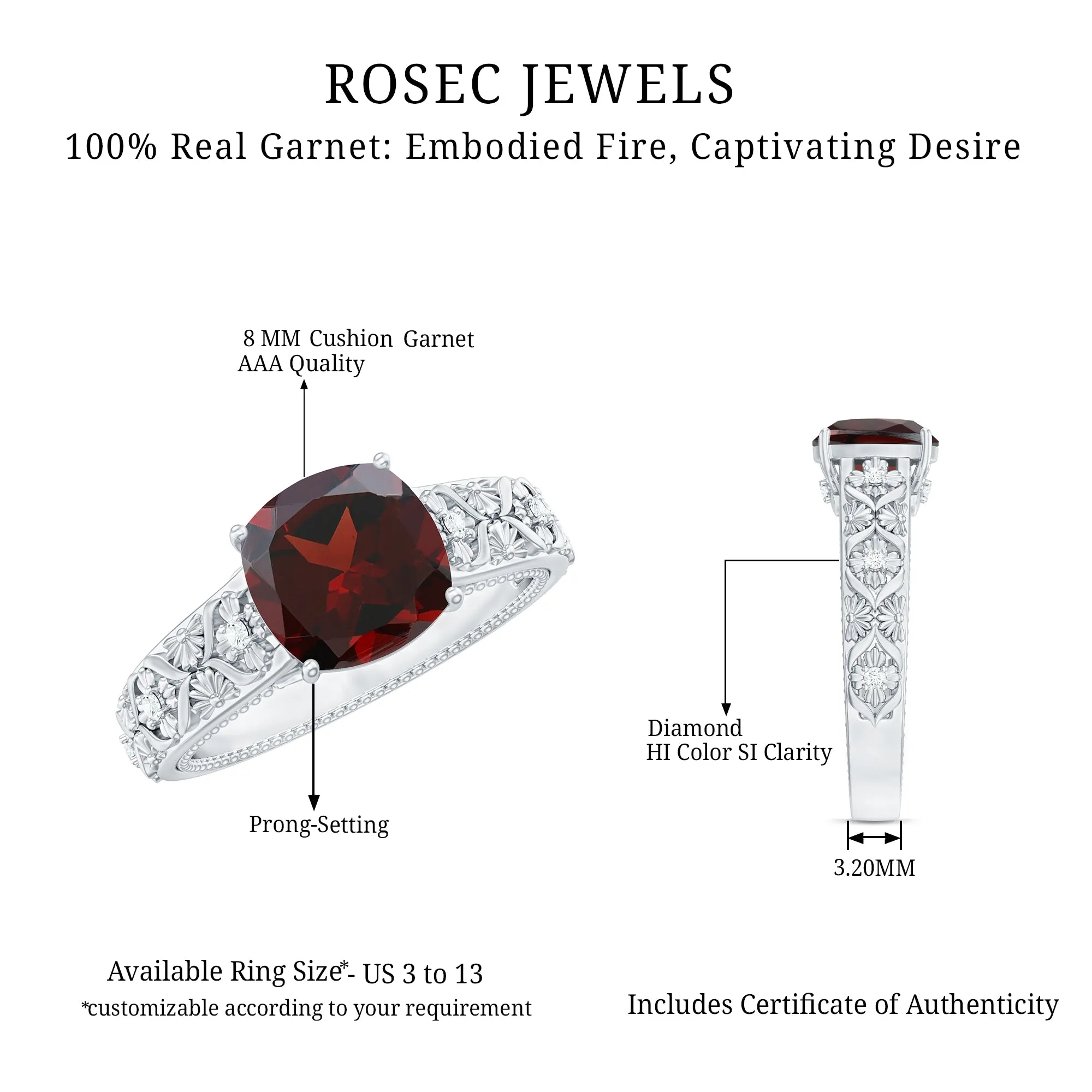 Cushion Cut Garnet Engagement Ring with Diamond