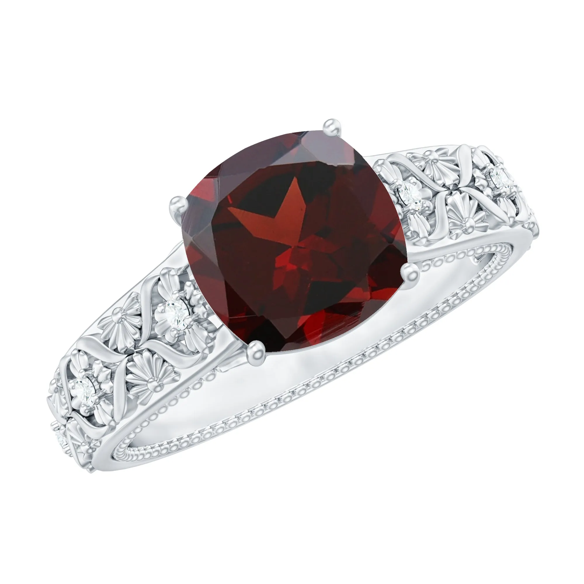 Cushion Cut Garnet Engagement Ring with Diamond