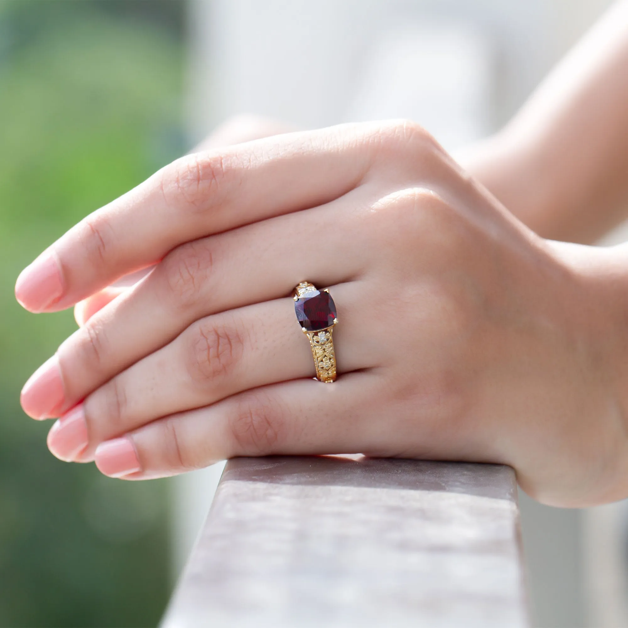 Cushion Cut Garnet Engagement Ring with Diamond