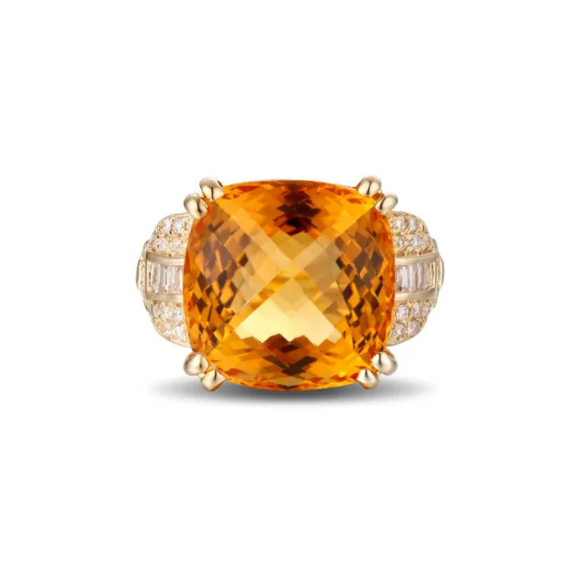 Cushion Flawless  8.20ct Citrine 14k Yellow Gold Diamond Ring