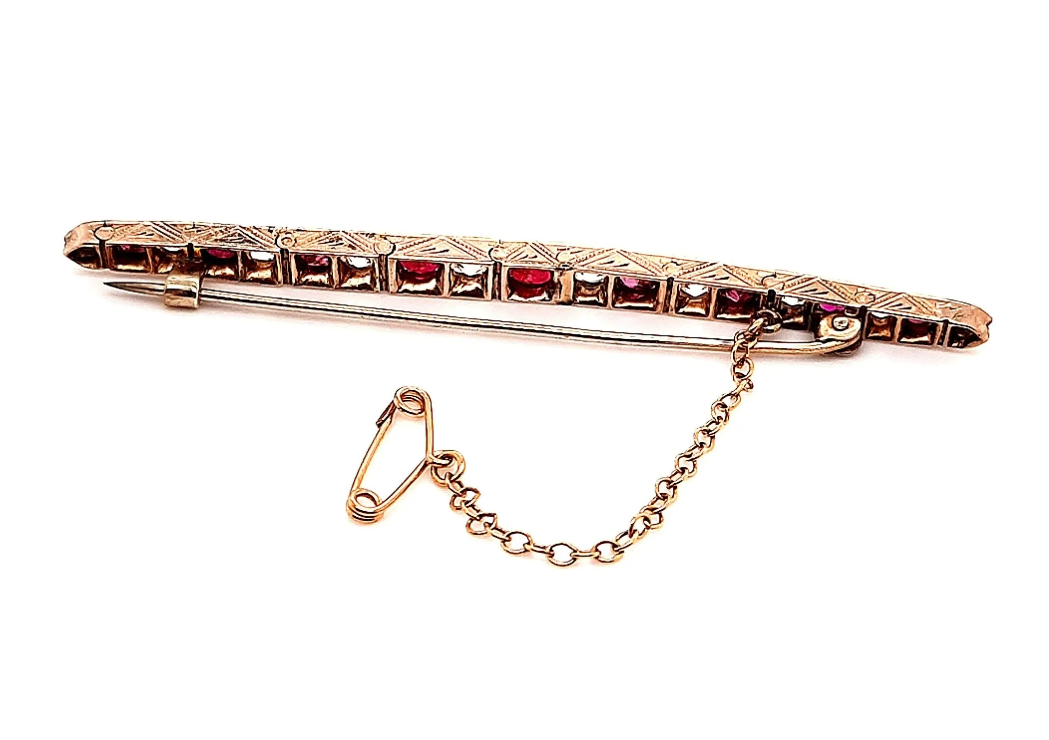 Diamond & Ruby Hand Engraved Yellow Gold Bar Vintage Brooch