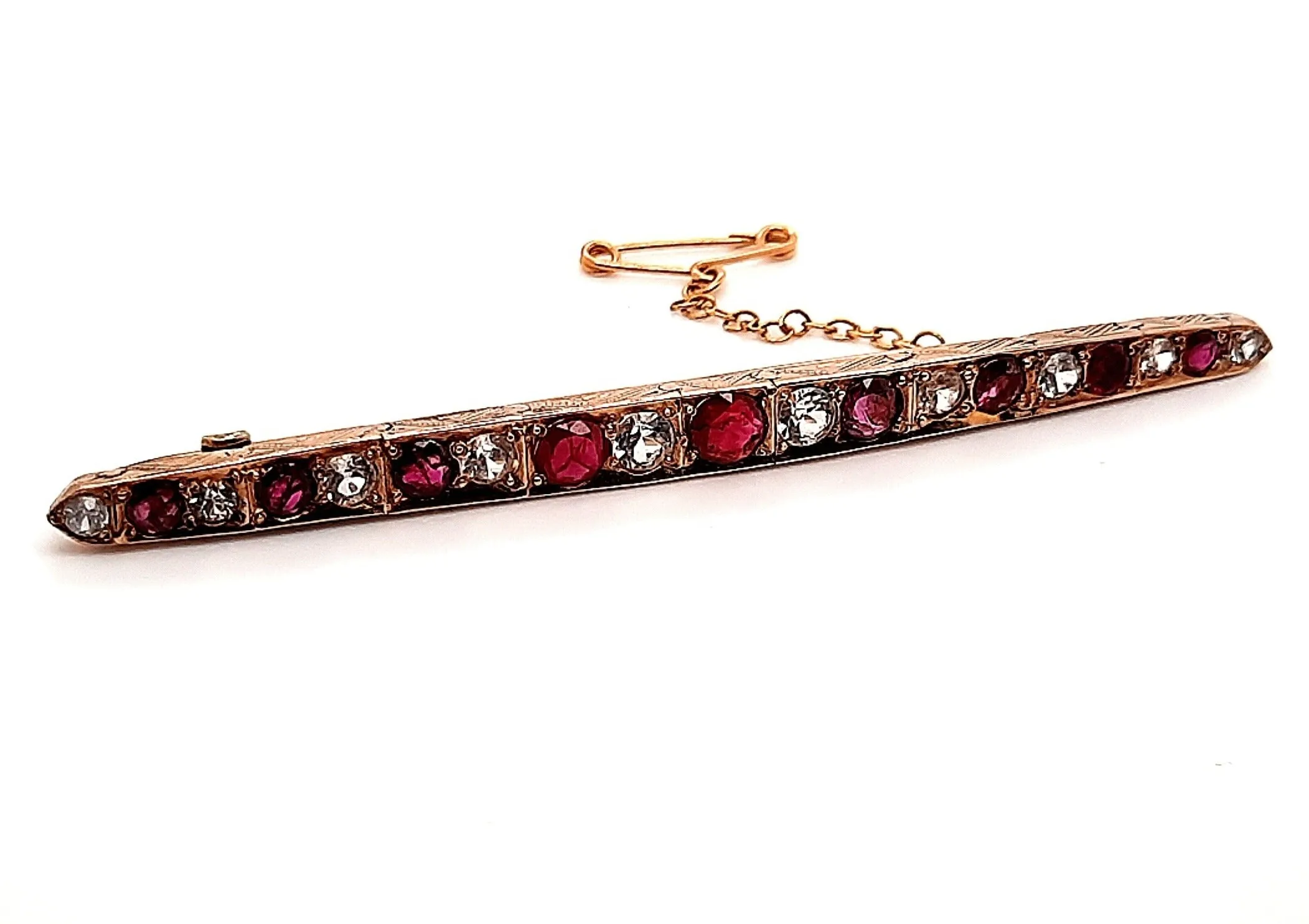 Diamond & Ruby Hand Engraved Yellow Gold Bar Vintage Brooch