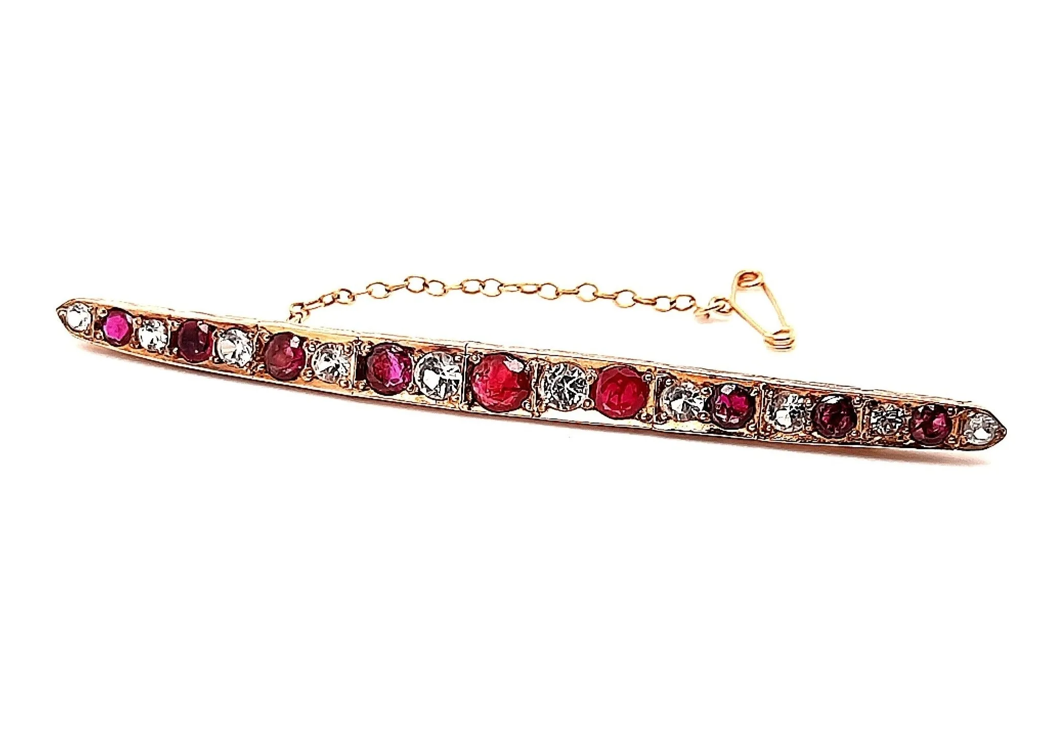 Diamond & Ruby Hand Engraved Yellow Gold Bar Vintage Brooch