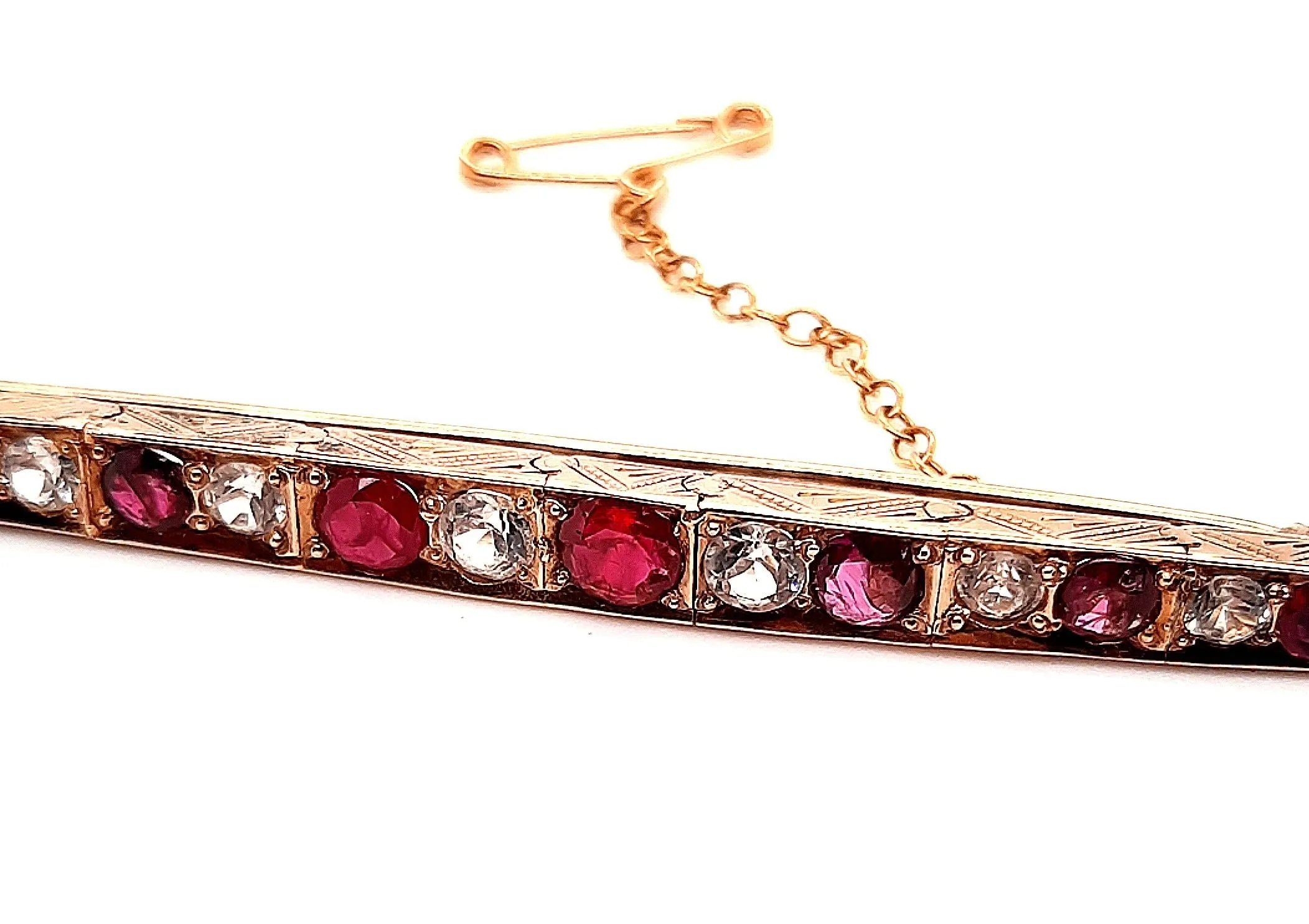 Diamond & Ruby Hand Engraved Yellow Gold Bar Vintage Brooch