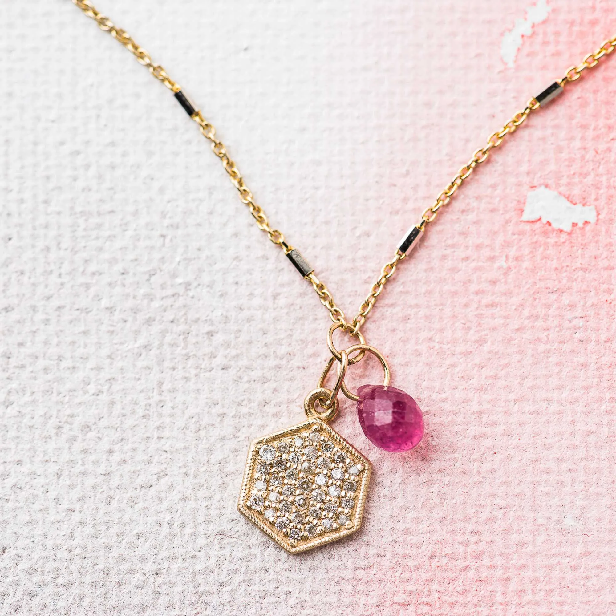 Diamond Hex Necklace with Pink Sapphire in 14k Gold