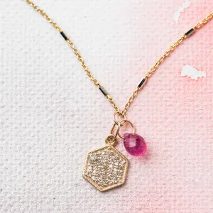 Diamond Hex Necklace with Pink Sapphire in 14k Gold