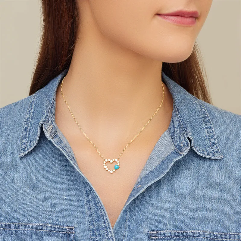 Diamond Open Heart Necklace with Heart Cut Turquoise Cabochon Accent