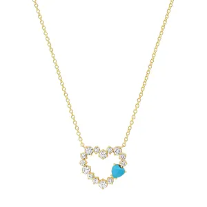 Diamond Open Heart Necklace with Heart Cut Turquoise Cabochon Accent